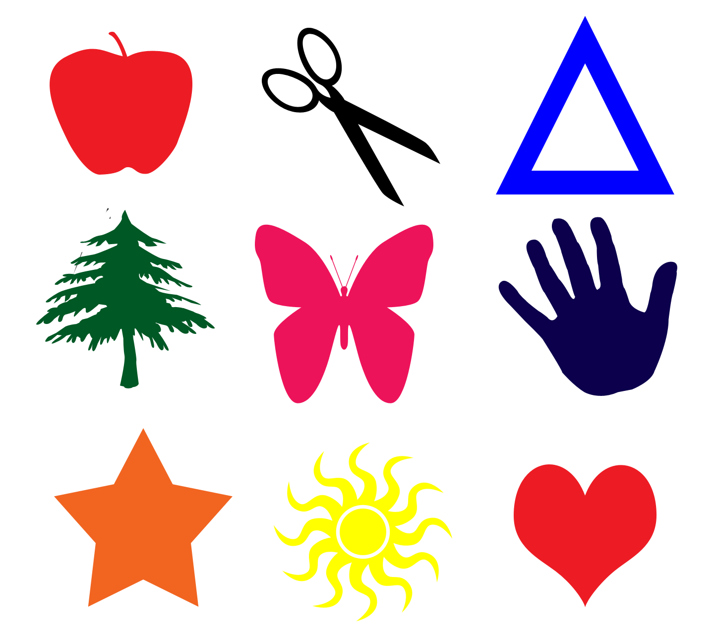 Silhouettes of a tree, butterfly,hand,star, sun and heart