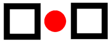 red ball between two black squares
